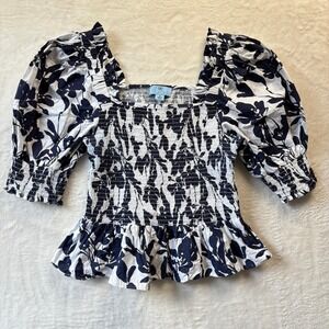 CeCe Smocked Peplum Top Women Sz Medium Navy Floral Print Puff‎ Sleeve Blouse